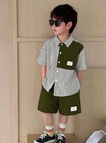 SHEIN 2pcs/Set Young Boys Comfortable Daily Versatile Loose Fit Korean Fashion Stripe Shirt And Contrast Shorts Set, Suitable For Spring/Summer, For Daily, Sports, Outings, School, Parties, Holidays, Photoshoots, Back-To-School