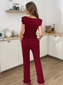 DUSKBASE Elegant Simple Ruffled Trim Women Pajama Set Outfit - Burgundy - View 2