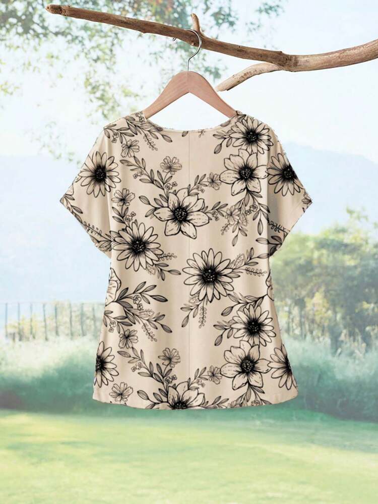 Women's Casual Vintage Floral Pattern Crew Neck Blouse, Suitable For Summer