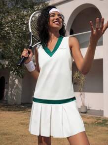 Tropiluxe Damesmode Atletisch Sportief Tennis Colorblock V-hals Mouwloos Geplooide Zoom Tankjurk