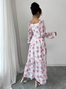 Airlisse Vestido largo fluido con estampado floral diminuto, de manga larga, con estilo francés romántico para primavera y verano