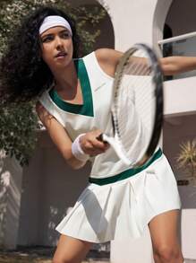 Tropiluxe Damesmode Atletisch Sportief Tennis Colorblock V-hals Mouwloos Geplooide Zoom Tankjurk