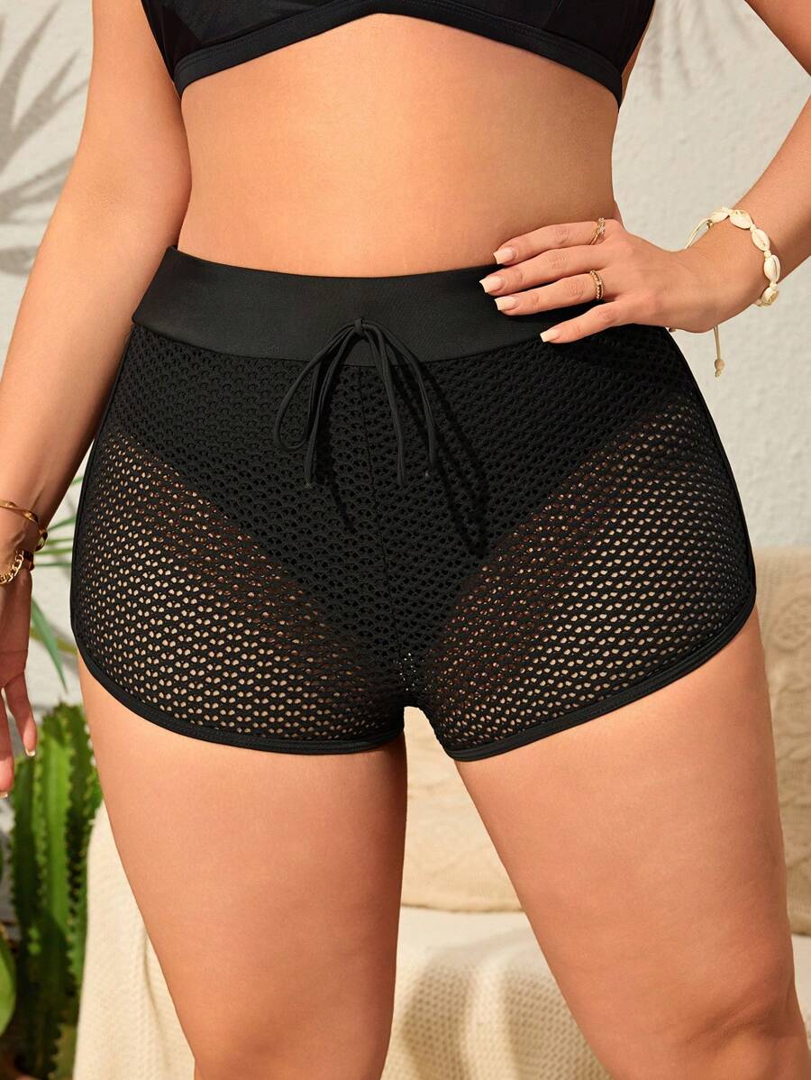 SHEIN Swim Curve Plus Size Women Mesh Fabric Solid Color Versatile Beach Pants, Suitable For Beach Vacation For Summer