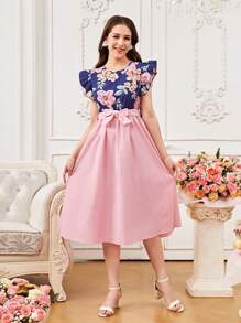 Floral Print Ruffle Sleeve Short Dress, Elegant, V-Neck With Sheer Lace Trim, Tie Waist With Bowknot, Flared Skirt For Teen Girls,Holiday,Summer,Travel - Blue - View 1