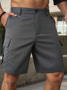 Manfinity Homme 男士纯色前扣口袋简约休闲短裤，适合日常穿着 - 深灰色 - 查看 5