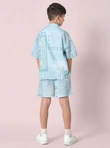 SUMWON Boys Summer Bandana Print Co-Ord Set Short Sleeve Button Down Shirt Drawstring Shorts Vacation Beach Holiday Resort Wear Tween Teenage Fashion Outfit Pack - Multicolor - View 2