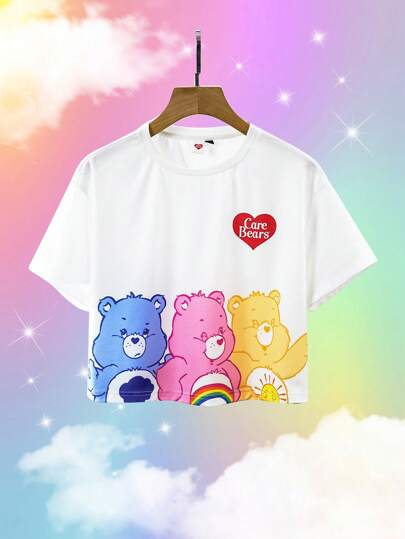 SHEIN X Care Bears Short-Sleeved White Spring And Summer Casual Cute Fun Female Cartoon Bear Print Round Neck Short-Sleeved T-Shirt
