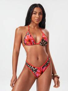 Swim SXY 2 件套女士豹纹拼接粉色吊带比基尼泳装，海滩度假 - 彩色 - 查看 3