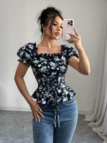Chiquease Women's Ditsy Floral Square Collar Puff Sleeve Ruffled Tie Waist Shirt - Black - View 1