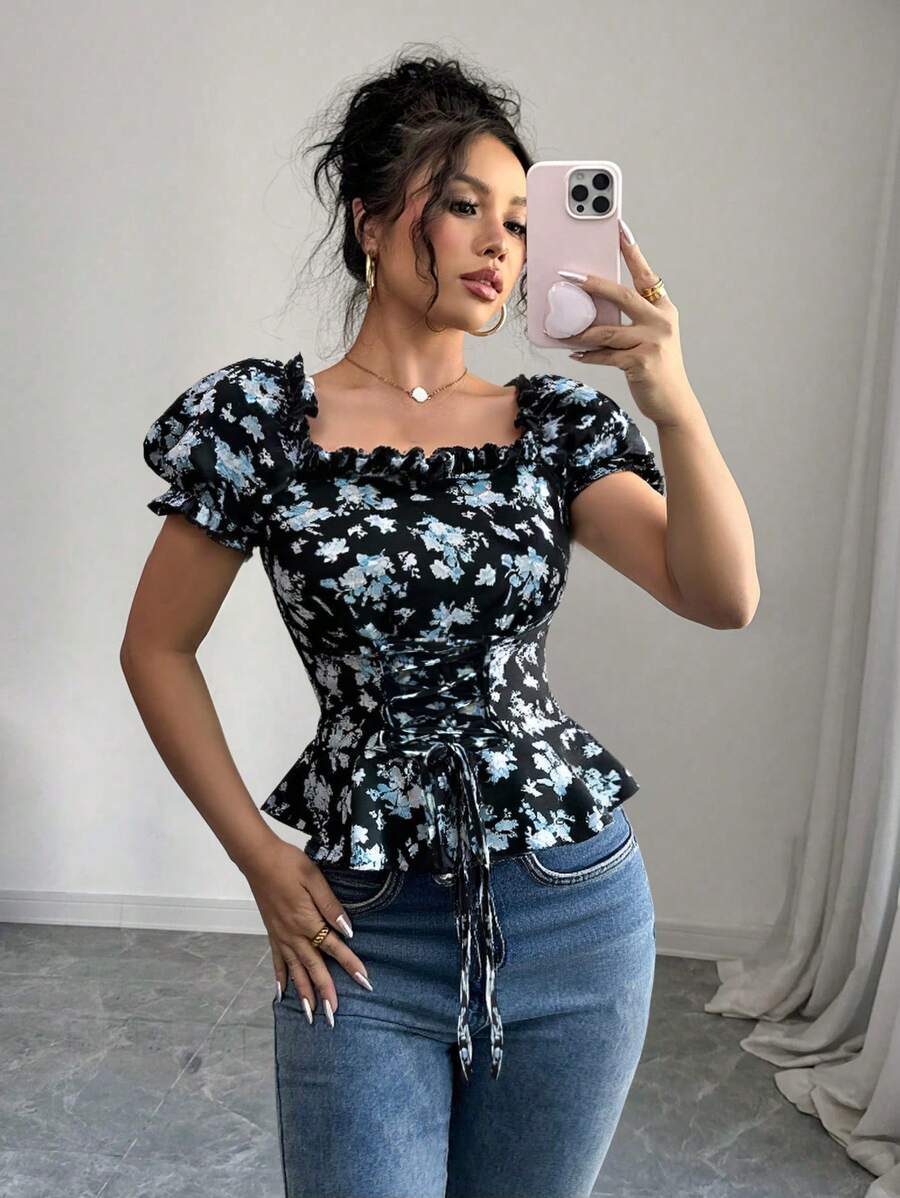 Chiquease Women's Ditsy Floral Square Collar Puff Sleeve Ruffled Tie Waist Shirt - Black - View 1