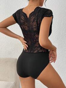 SHEIN PETITE Women's Minimalist V-Neck Lace Bodysuit, Suitable For Commuting