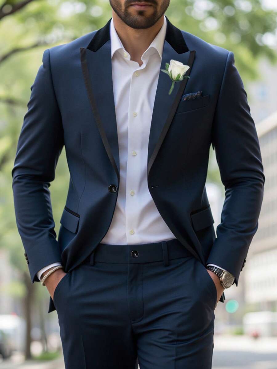 Manfinity Mode Men's Suit Set Including Jacket And Pants, Minimalist Fashion Casual Everyday Wear, Men Casual Suit, Nice Suit For Men - Navy Blue - View 1