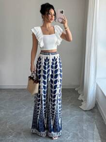 Elenzga Conjunto de dos piezas de mujer de estilo elegante y de vacaciones, con parte superior corta de cuello cuadrado con diseño de mangas con volantes y pantalones holgados de pierna ancha con estampado de estilo bohemio, para primavera/verano