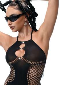 Swim EVENT Black Sleeveless Hollow-Out Fishnet Rhinestone Decor Bodysuit, Fashionable Sexy Cover-Up Dress For Beach Holiday - Black - View 4