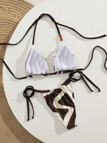 Swim Vcay Bikini para mujer, parte superior de traje de baño minimalista y vintage con decoración de tiras de color block y lazos laterales para playa y vacaciones de verano