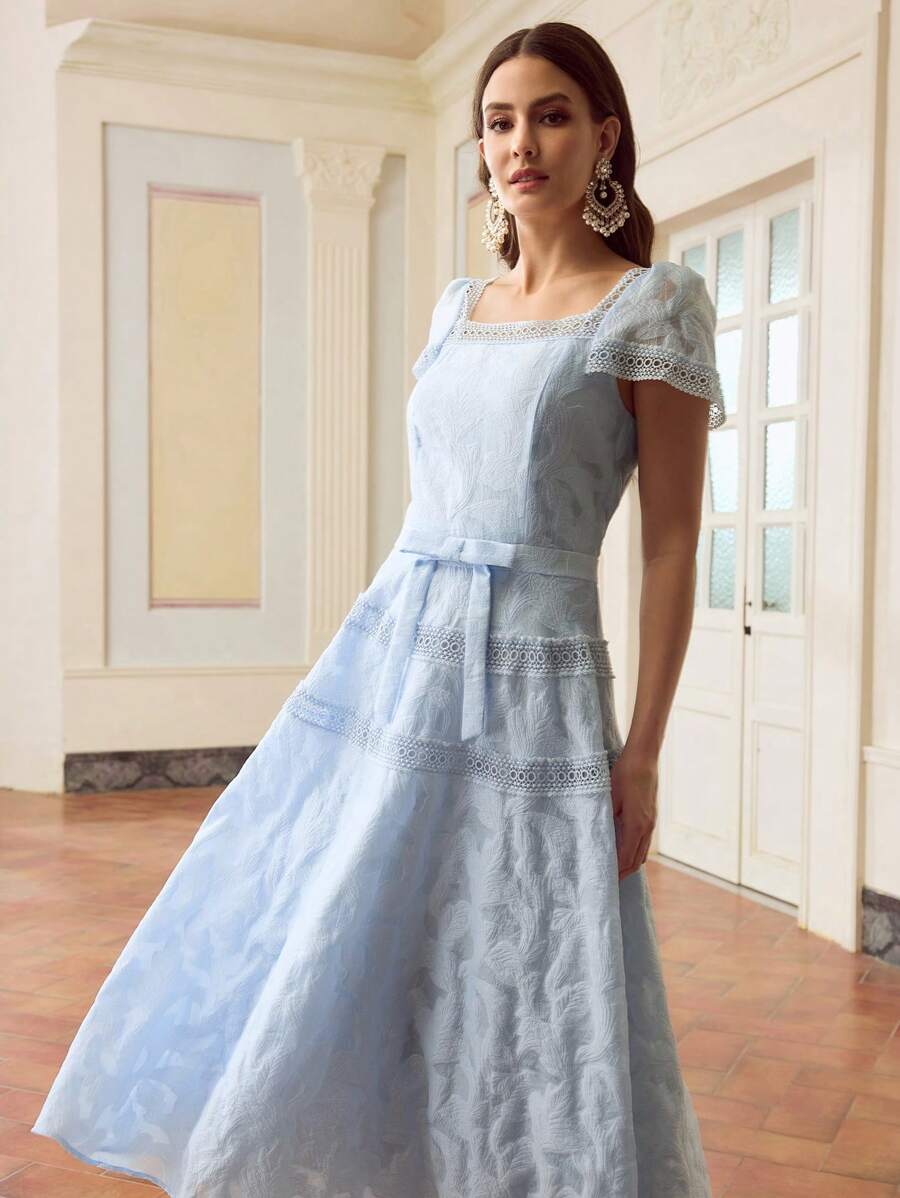 ZEYLAH 对比色蕾丝蝴蝶结细节连衣裙 - 藍色 - 查看 1