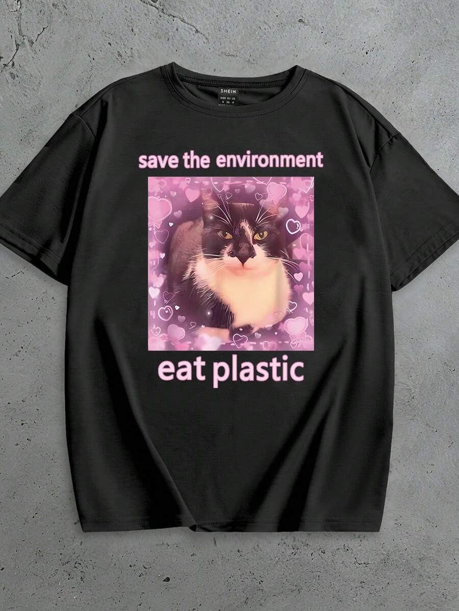 Glimmora Amusing Cat Meme T-Shirt, Gift For Women, Funny Cat Tee, Cat Graphic T-Shirt - Black - View 1