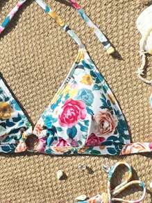 SHEIN 2025年新款多色碎花高腰比基尼两件套泳衣套装女士海滩度假