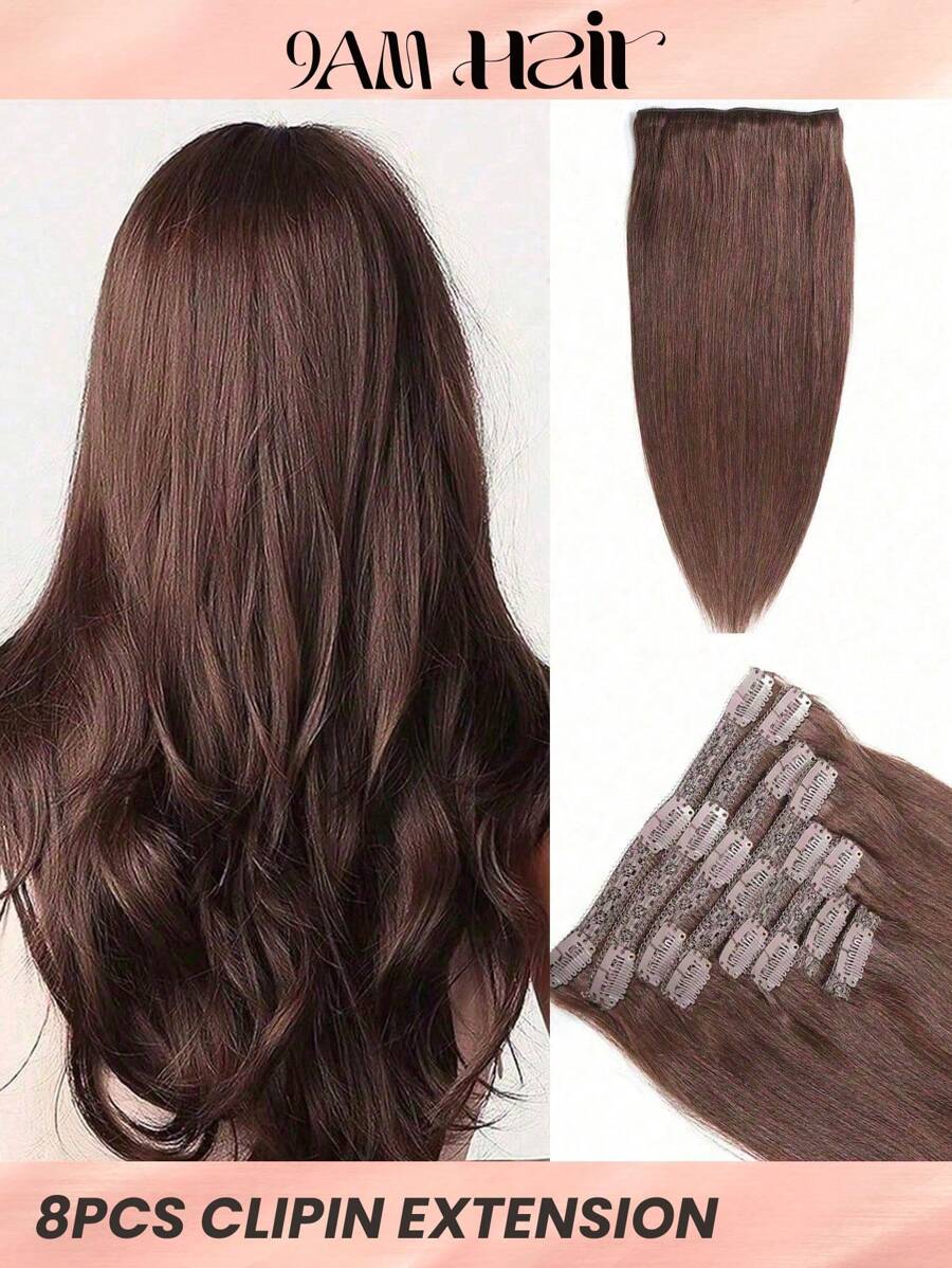 8pcs Clip In Straight Human Hair Extension 2# Extension For Women Daily Use Real Easy To Wear Chocolate Brown Color Hair Extensions - S2 - View 1