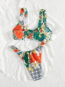 Swim Mod 2pcs Women's Sexy Low-Cut Ruched Halter Micro Triangle Wireless Bikini Swimwear Set For Beach Holiday For Summer Beach Vacation - Multicolor - View 2