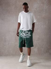 SUMWON Athletic Basketball Sweat Shorts Graffiti Urban Style Summer Gym Workout Running Training Active Jogger Performance Shorts With Side Pockets - Dark Green - View 2