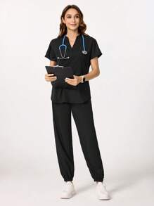 TaskEZ Healthcare Short Sleeve Scrub Uniform Set - Short Sleeve Tee & Pants, Minimalist & Fashionable For Casual Daily Wear Casual Petite Scrub Sets For Women Women Work Clothes Petite Women Scrub Sets For Women Women Scrub Sets Plus Size Scrub Sets Nurse Scrub Sets Women,Work Clothes Women For Women Women Plus Clothing Two Pieces Scrubs Scrub Sets - Black - View 7