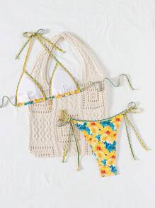 SHEIN Swim Women Beach Summer Outfits: Floral Print Contrast Color Trim Metal Pendant 2 Pieces Bikini Set, Halter Neck Two-Piece Swimwear - Multicolor - View 6