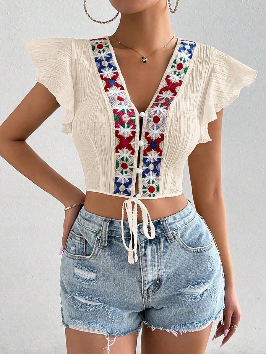 Breezaya Women's Casual Holiday Woven Panel Cap Sleeve Crop Top | SHEIN USA