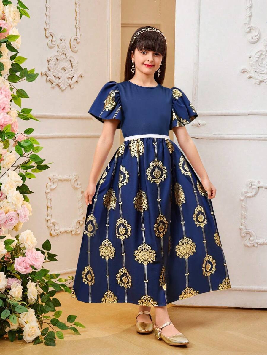 青少年女孩传统礼服，宫廷奢华派对礼服，带荷叶边的喇叭短袖，纯色拼布搭配箔复古印花优雅图案，收腰 A 字裙，适合夏季主题婚礼、表演、晚会、生日