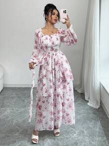 Airlisse Vestido largo fluido con estampado floral diminuto, de manga larga, con estilo francés romántico para primavera y verano