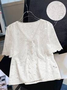 SHEIN Clasi Women's V-Neck Lace Trim Hollow Textured Floral Printed Simple Blouse, Spring/Summer - White - View 1