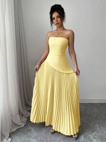 Elenzga Women's Solid Color Pleated Waist Sleeveless Dress, Elegant Design For Vacation And Commute - Yellow - View 5