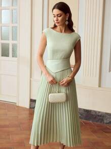 ZEYLAH Vestido elegante de unicolor con cuello redondo, mangas farol y plisado para mujer