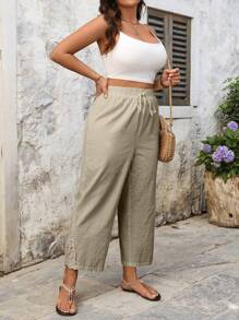 Linhara Plus Size Casual Linen Pants With Embroidered Floral Trim - Khaki - View 5