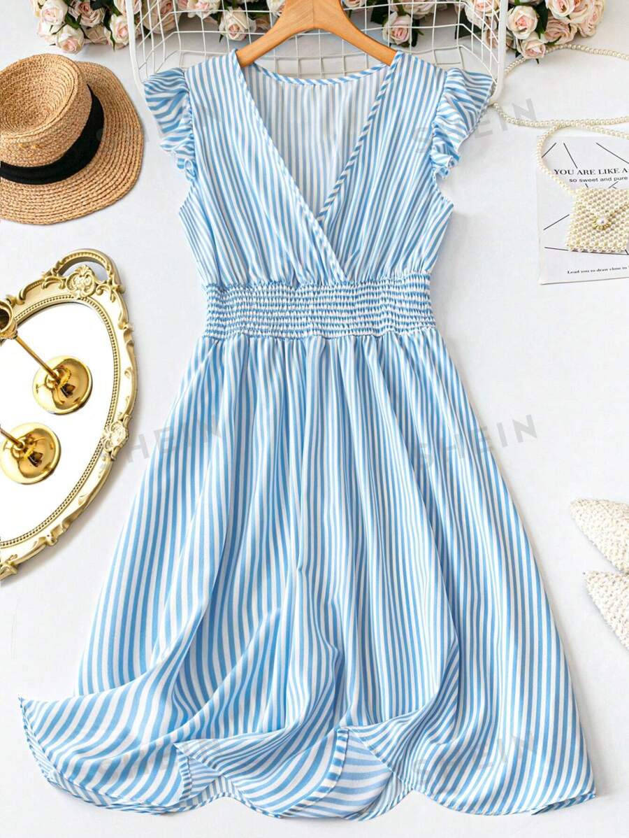 DreamSkyne Vestido estriado vertical elegante y de moda con cuello en V y cinturilla para mujer de talla grande, para primavera y verano