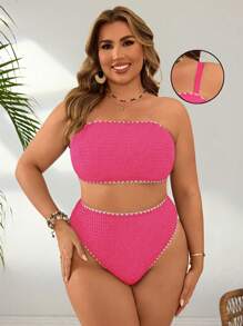 Swim Basics 2pcs/Set Plus Size Women Solid Color Spaghetti Strap Shell Trim Sexy High Waist Triangle Bikini Swimwear, Vacation Casual