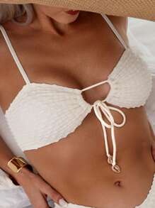 SHEIN Swim 1pc Women's Solid Color Sexy Halter Bikini Top With Front Strap For Summer Beach Vacation - Apricot - View 1