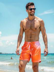 Surfspeed Men's Lightning Print Drawstring Waist Beach Shorts - Orange - View 4
