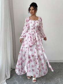 Airlisse Vestido largo fluido con estampado floral diminuto, de manga larga, con estilo francés romántico para primavera y verano