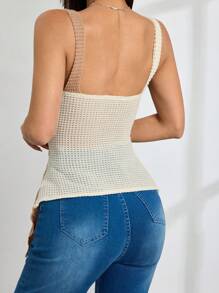 SHEIN Unity French Style V-Neck Crossover Apricot Khaki Colorblock Asymmetrical Knitted Unique Design Women Tank Top - Multicolor - View 2