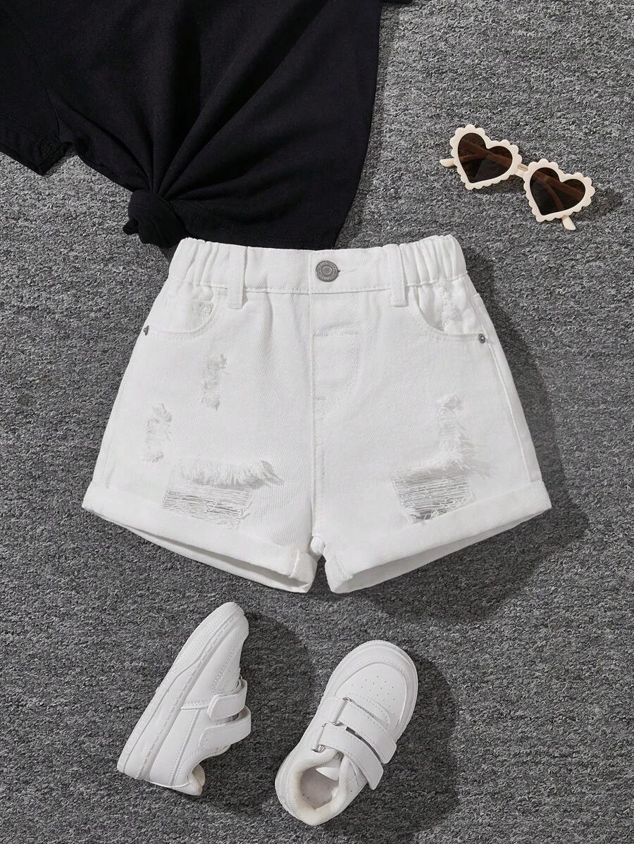 SHEIN Young Girl' Casual Versatile Wide Leg Loose Distressed Cuffed Denim Shorts, School, Campus, College - White - View 1