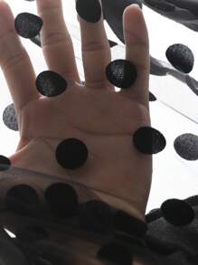 EMERY ROSE Plus Size Women Solid Color Black Round Neck T-Shirt With Mesh Dot Patchwork Design, Short Sleeve, Fashionable And Versatile For Summer - Black - View 6