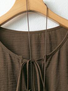 Linhara Plus Size Women's Solid Color Bow Tied Front Shirt & Printed Wide Leg Pants Casual Suit