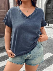 SHEIN LUNE 大码女士休闲水洗短袖 T 恤纯棉女式夏季服装女式春季服装夏装 - 黑色 - 查看 4