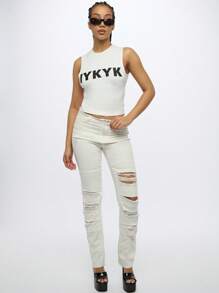 SUMWON WOMEN Distressed Ripped Boyfriend Denim Jeans Perfect For Spring Summer Casual Street Style Fashion Low Rise Cotton Stretch Destroyed White Jean - White - View 3