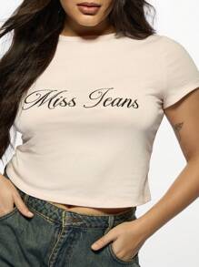 MISSGUIDED PLUS Miss Jeans Signature Script Crop T-Shirt Plus Size Cotton Casual Summer Style Streetwear Fashion Baby Tee Basic Short Sleeve Essential Top - Apricot - View 6