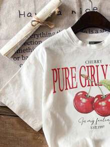 SHEIN EZwear 大码女式樱桃图案修身 T 恤，休闲简约，夏季 - 白色 - 查看 3