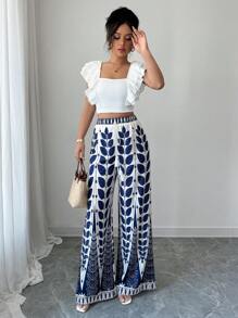 Elenzga Conjunto de dos piezas de mujer de estilo elegante y de vacaciones, con parte superior corta de cuello cuadrado con diseño de mangas con volantes y pantalones holgados de pierna ancha con estampado de estilo bohemio, para primavera/verano