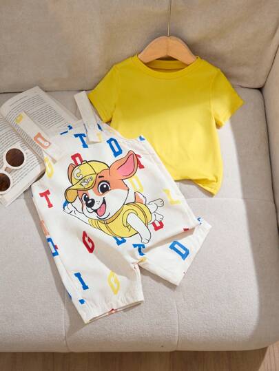 SHEIN Playful Pals Baby Boy Söt valp Print Overall Set med blå T-shirt, gör bebisen ser ännu sötare