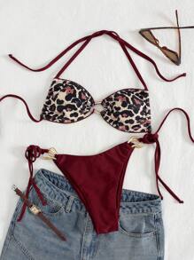 Swim Vcay 女士 2 件套性感豹纹印花和酒红色撞色侧金属装饰无线细肩带比基尼套装，沙滩泳装 - 酒紅色 - 查看 1